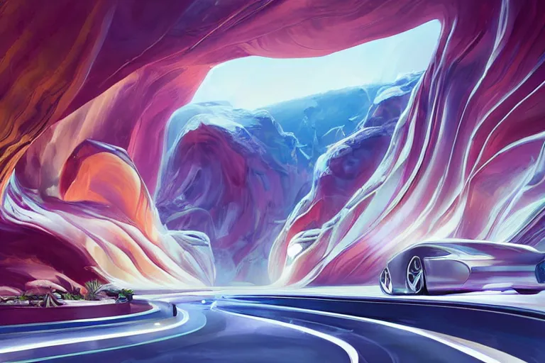 Prompt: futuristic tesla street with Singaporean lush onsen with royal white and pink and white and luxurious gold colors, advanced civilization, high-end onsen, at the Antelope canyon with rocks formed by water erosion, walls made of beautiful smooth sandstone light beams that shine, polish narrow slots of walls into a striated swirling finish, digital painting, concept art, smooth, sharp focus, from Star Trek 2021, illustration, by WLOP and Ruan Jia and Mandy Jurgens and William-Adolphe Bouguereau, Artgerm