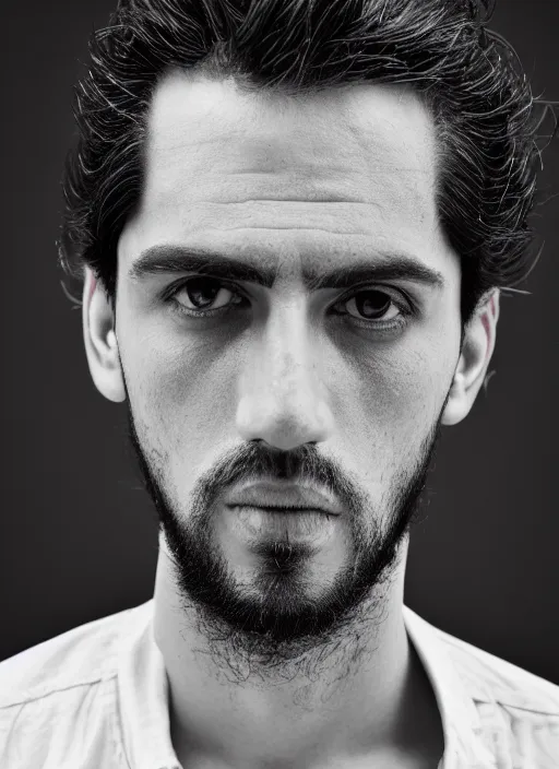 Prompt: black and white head shot, studio photograph of a male symmetrical handsome andrea belluci the painter artist, casual clothes, anxiety and depression, intricate, elegant, highly detailed, hyper realistic, dark background, flickr, smooth, 4 k, 3 0 0 dpi, sharp focus, shot by canon