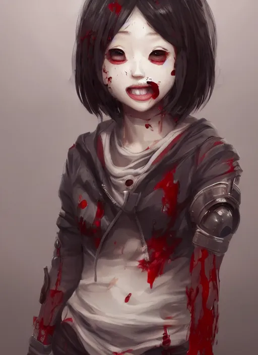 Prompt: a highly detailed illustration of short hair cute japanese girl wearing blood stained hoodie and bandages on legs, dramatic sadistic smile pose, intricate, elegant, highly detailed, centered, digital painting, artstation, concept art, smooth, sharp focus, league of legends concept art, WLOP