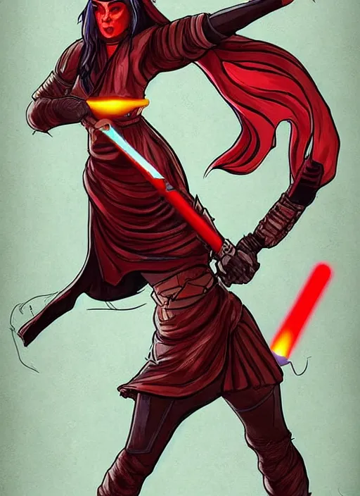 Image similar to comic style the moon character with evil emotion is holding a Jedi red sword in her hands artstation