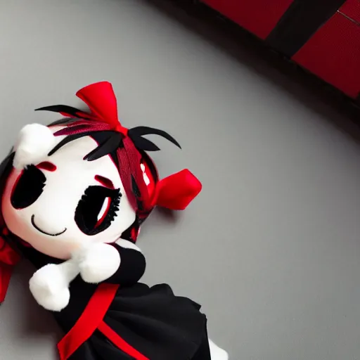 Prompt: cute fumo plush of a gothic maiden in a red and black uniform, laces and ribbons, soft shadow, anime girl, vray