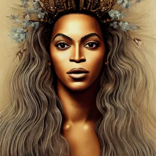 Image similar to facial portrait of Beyonce as a young pretty woman in flowing dress, arrogant, mysterious, long fine flowing hair, delicate, looking at camera, slightly awkward smile, realistic face, no hands visible, intricate, stylish, elegant, grimdark fantasy, flowers, extremely detailed painting by Martine Johanna and Ernst Haeckel and Greg Rutkowski