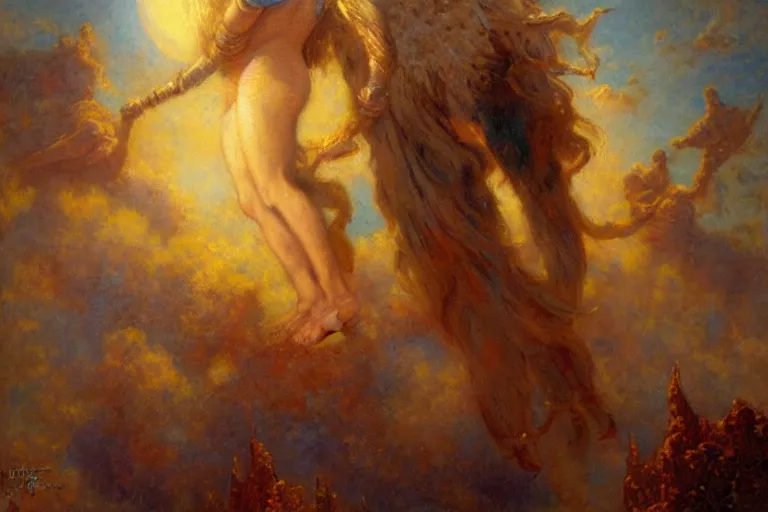 Image similar to portrait of a mythical hero named horizon, who lifts the sun into the sky every morning. art by gaston bussiere.