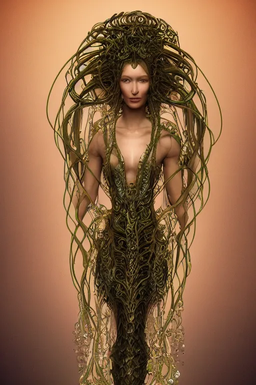 Image similar to a portrait of a beautiful ancient alien medusa gorgon woman goddess bella hadid standing in iris van herpen dress jewelery and fractals in style of alphonse mucha art nuvo dmt trending on artstation made in unreal engine 4