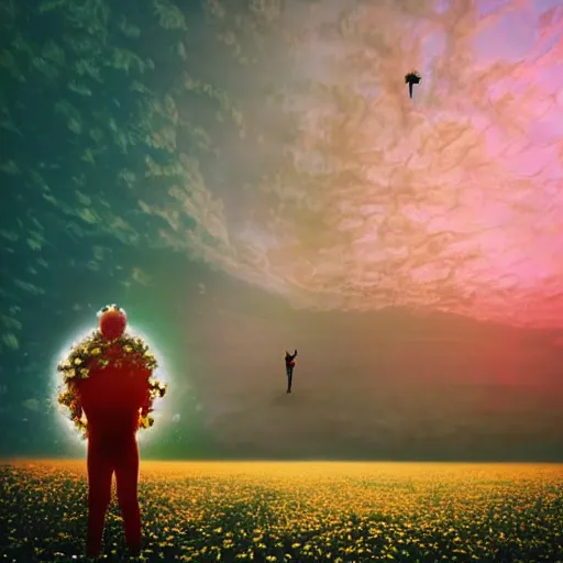 Image similar to A picture of a planet of various flowers, fungus and plants, in which the human figure is dressed in something magical and impressive, inside the picture is infinity, sunset light, Atmospheric phenomenon, artistic photography, muted colors, conceptual