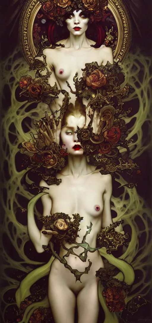 Image similar to baroque oil painting of full body vampire princess portrait, by nekro, peter mohrbacher, alphonse mucha, brian froud, yoshitaka amano, kim keever, victo ngai, james jean