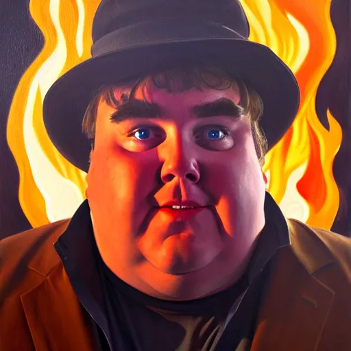 Prompt: portrait of john candy crying in the metaverse, fire and pain, oil on canvas by william sydney mount, trending on artstation