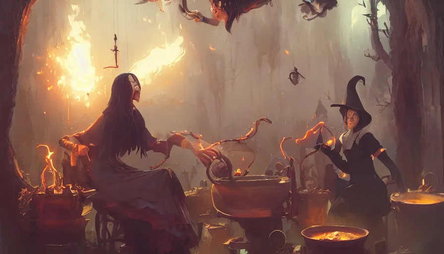 Prompt: A beautiful painting of witches brewing with a cauldron by greg rutkowski and Kalin Popov, trending on artstation