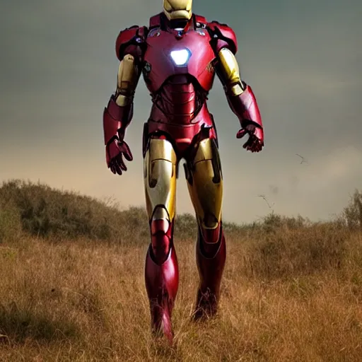 Prompt: rusted and overgrown iron man suit, 4k realistic photo