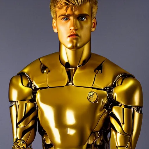 Image similar to a realistic detailed photo of a guy who is an attractive humanoid who is half robot and half humanoid, who is a male android, boxer and youtuber jake paul, shiny skin, posing like a statue, blank stare, at the museum, on display