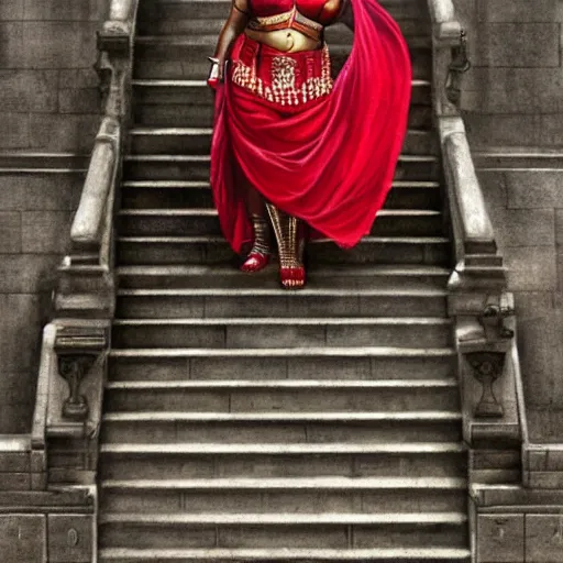 Image similar to a portrait obese indian woman dressed as wonder woman on steps in Porto, detailed, art station, greg rutkowski