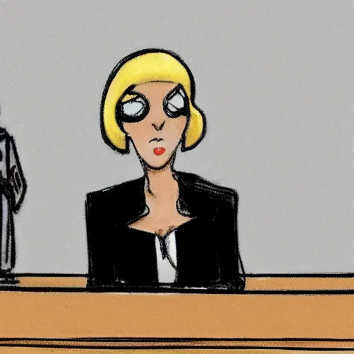 Image similar to courtroom sketch of lady gaga in the witness stand pointing at the hamburgler