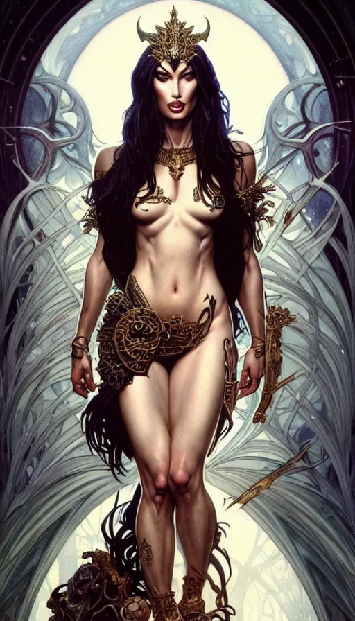 Image similar to megan fox as the goddess of chaos!! intricate elegant, highly detailed, digital painting, artstation, concept art, smooth, sharp focus, illustration, art by ( ( ( artgerm ) ) ) and greg rutkowski! and ( ( alphonse mucha ) ), heavily influenced by frank frazetta and boris vallejo
