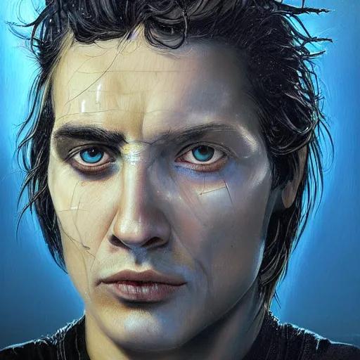 Image similar to surreal portrait of a man by Greg Rutkowski and H.R Giger, he is about 30 years old, messy long black hair, tired appearance, roman nose, peaceful but sad and resigned expression, martyred as a biomechanical transhuman cyborg god, eyes glow electric blue, cosmic void background, frightening, fascinating, highly detailed portrait, digital painting, book cover, artstation, concept art, smooth, sharp foccus ilustration, Artstation HQ.