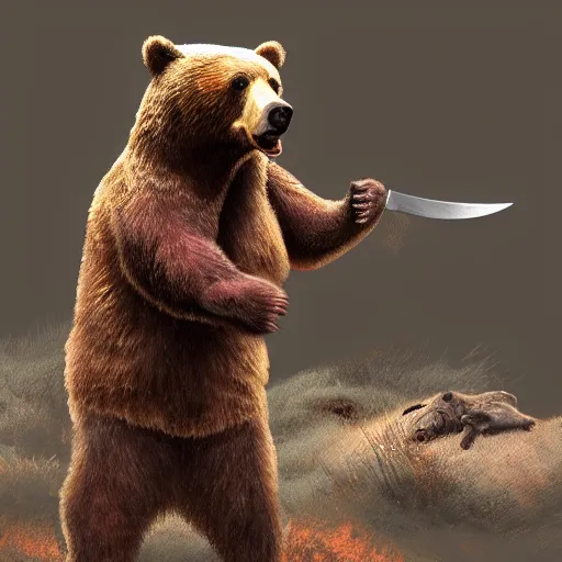 Prompt: bears killing human with knife, concept art, ultra realistic, digital art, rich deep colors, smooth shadows, high resolution, cinematic