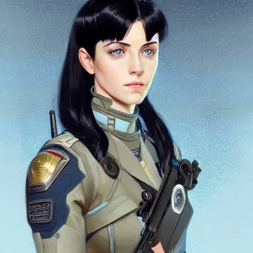 Image similar to woman dressed in scifi military uniform with black hair and blue eyes, elegant, digital illustration, detailed, intricate, sharp focus, digital painting, deep focus, digital painting, artstation, concept art, matte, art by artgerm and greg rutkowski and alphonse mucha