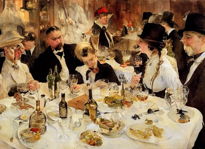 Image similar to gentlemens dinner, blonde waitresses, masterpiece, meat, wine, schnapps, watercolor by anders zorn and carl larsson, art nouveau