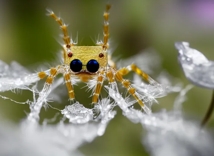 Image similar to super macro of a clear crystal spider with big eyes sitting on a flower, in the forest. fantasy magic style. highly detailed 8 k. intricate. nikon d 8 5 0 3 0 0 mm. award winning photography.