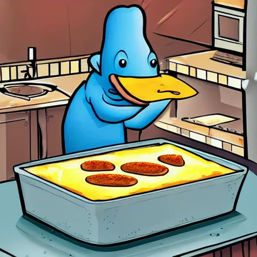 Image similar to comic cute platypus on a kitchen wearing a chef hat and holding a lasagna into an oven, comic style