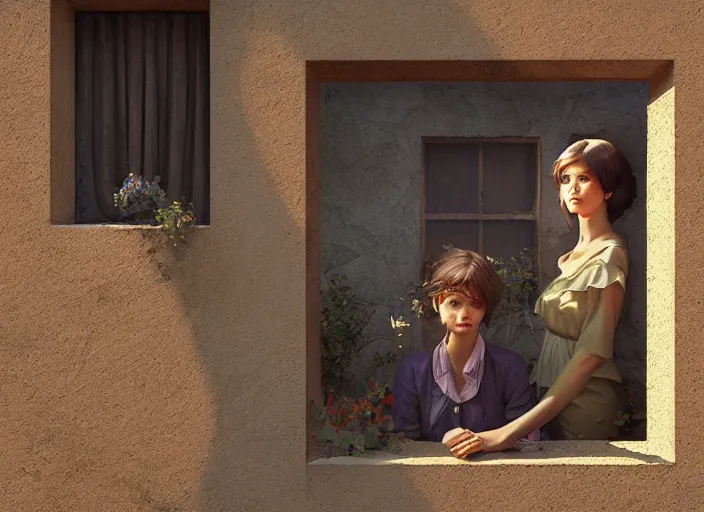 Image similar to seen through a window, italian village, by ilya kuvshinov, rtx rendering, octane render 1 2 8 k, maya, extreme high intricate details by tom bagshaw, composition by sana takeda, lighting by greg rutkowski