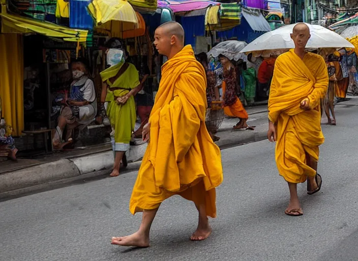 Image similar to In a future Bangkok, yellow-robed monks and elephants walk the streets of a bustling city under the hot sun ,by jamie jones