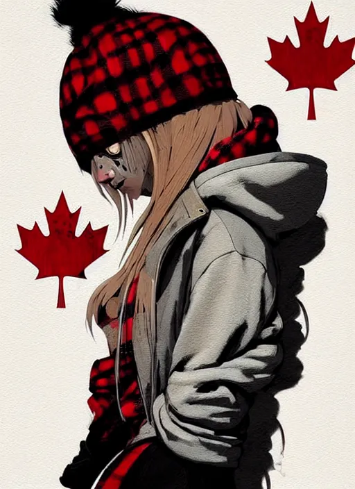 Image similar to highly detailed portrait of a sewer punk canadian lady, tartan hoody, white hair by atey ghailan, by greg rutkowski, by greg tocchini, by james gilleard, by joe fenton, by kaethe butcher, gradient red, brown, blonde cream and white color scheme, grunge aesthetic!!! ( ( graffiti tag wall background ) )