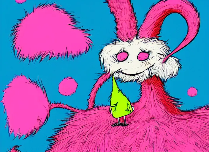 Image similar to dr. seuss sad lonely pretty pink fluffy depressed creature on an island | female | cute but very sad | pity | midnight paintings | intricate detail | bold colors | illustration | lonely barren dreary island | detailed environment