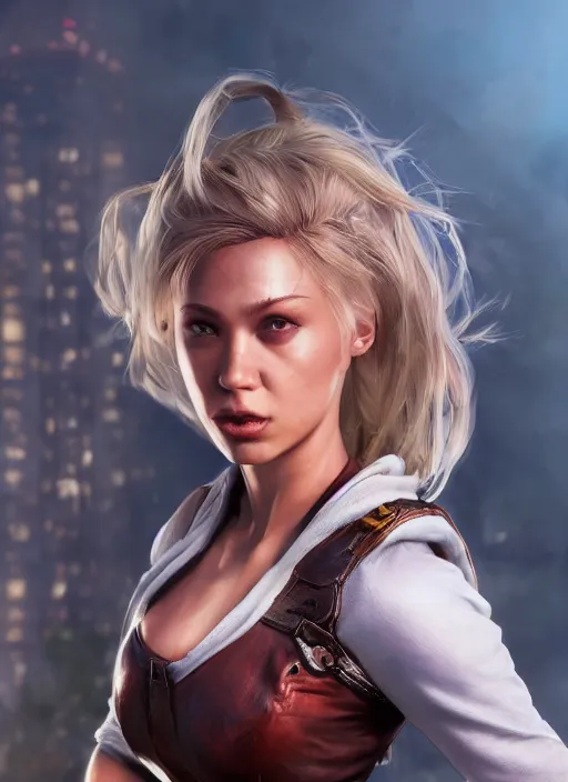 Image similar to An epic fantasy comic book style portrait painting of an athletic female thief with blonde hair dancing, unreal 5, DAZ, hyperrealistic, octane render, cosplay, RPG portrait, dynamic lighting, high detail