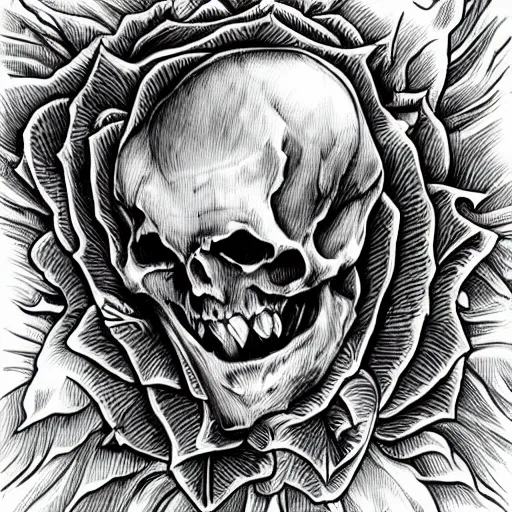 Image similar to a skeleton biting a rose, sinister, detailed