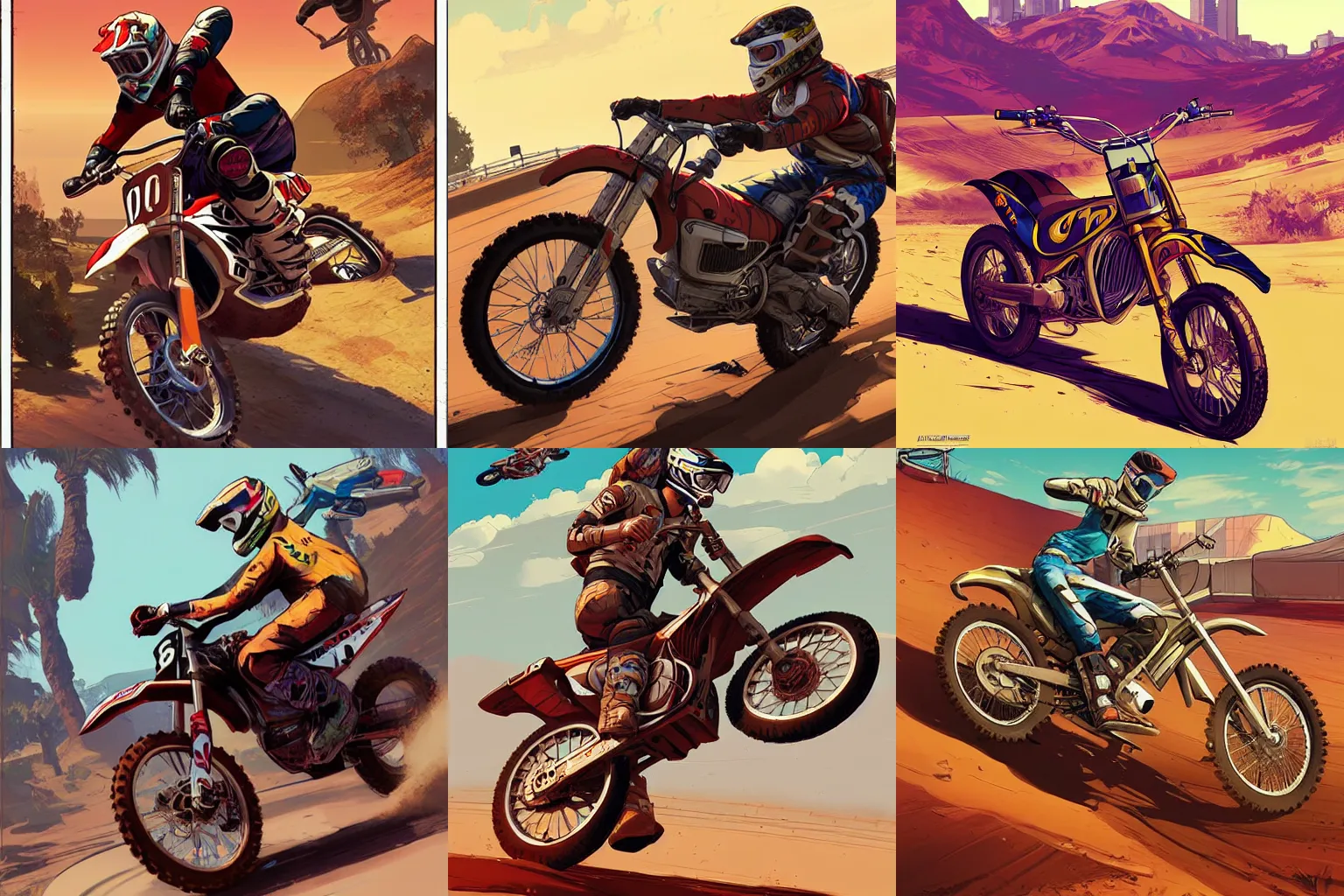 Prompt: motocross bike, gta 5 cover art, borderlands style, celshading, trending on artstation, by rhads, andreas rocha, laurie greasley and greg rutkowski