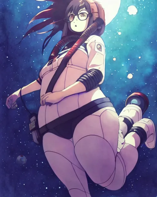 Prompt: oriental water color of a cute thicc astronaut damaged zombiewoman, floating through space, backlit, by makoto shinkai and krenz cushart