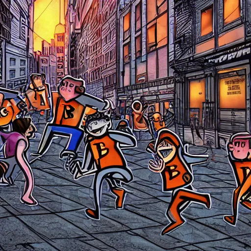 Image similar to bunch of people running away from a bitcoin giant in the city, hyper detailed, hdr, 8 k, beautiful lighting, dribbble art