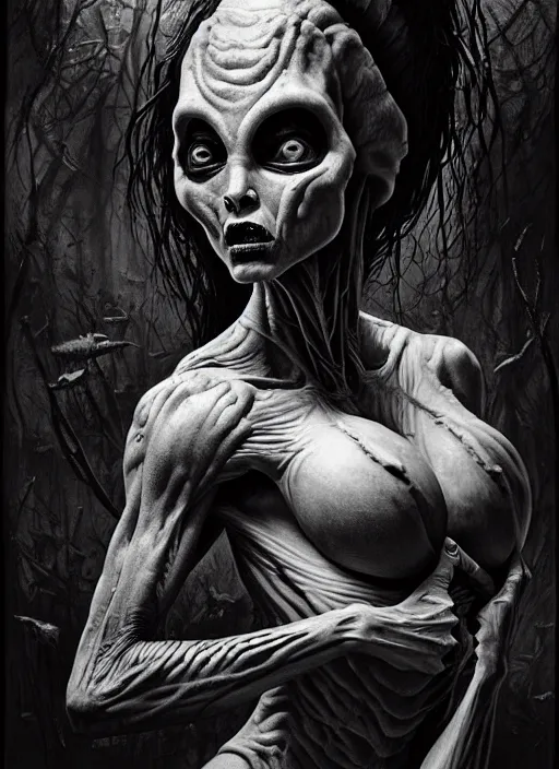 Prompt: ultra realist black and white horror painting of a dimly lit attractive alien female and hellish creature together, very intricate details, focus, curvy figure, model pose, full frame image, artstyle hiraku tanaka and craig mullins, award winning