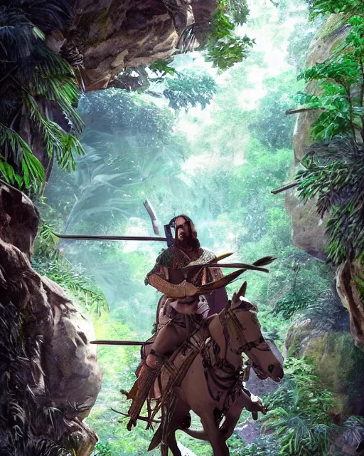 Prompt: detailed 3d render of a spanish conquistador in a dense jungle, art by nicola saviori and studio ghibli, cgsociety, trending on artstation, symmetric