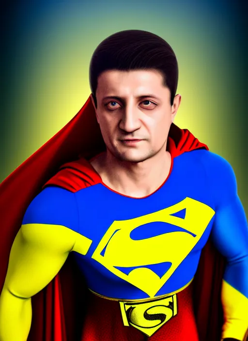 Prompt: volodymyr zelenskyy, ukrainian superman, ukrainian national clothes, portrait of young man, remove s on body and put u, 8 k ultra realistic, lens flare, atmosphere, glow, detailed, intricate, full of colour, led lighting, 4 k, hyperrealistic, focused, extreme details, unreal engine 5, masterpiece