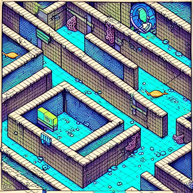 Prompt: an absurdly-detailed isometric cyberpunk alleyway colored-pen drawing as a fancy square tile. Sea-life in a submerged-city.