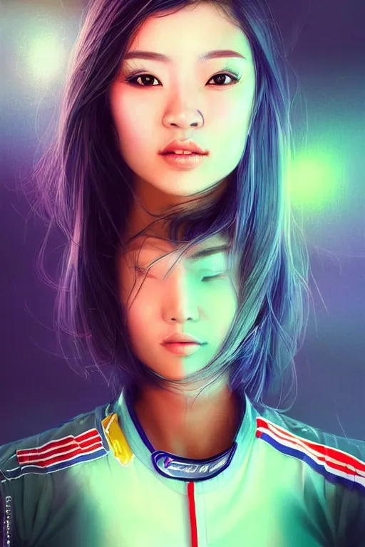 Image similar to portrait beautiful asian female formula one racer, wearing formula one racer uniform, at formula one racing car repair room, ssci-fi, fantasy, intricate, very very beautiful, elegant, human anatomy, neon light, highly detailed, digital painting, artstation, concept art, soft light, smooth, sharp focus, illustration, art and details by Brook Shaden