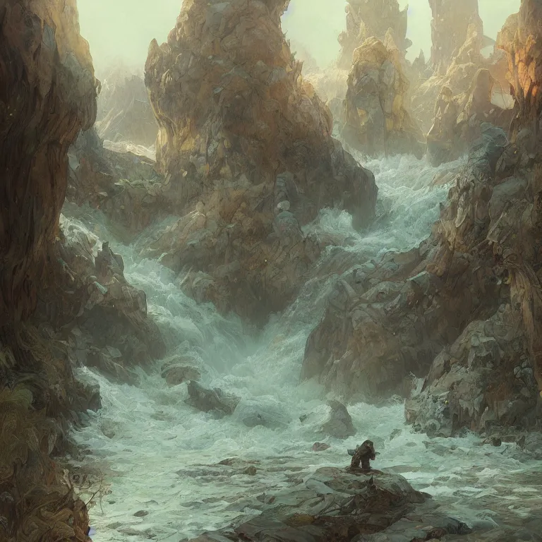 Image similar to a beautiful painting of the view from the whitewater river of caverns measureless to man down to a sunless sea, intricate, elegant, highly detailed, digital painting, artstation, concept art, by krenz cushart and artem demura and alphonse mucha