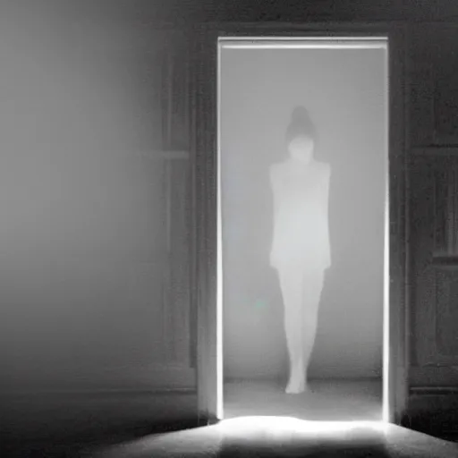 Prompt: a floating misty figure in a dark room room dimly lit by a door that has been left ajar