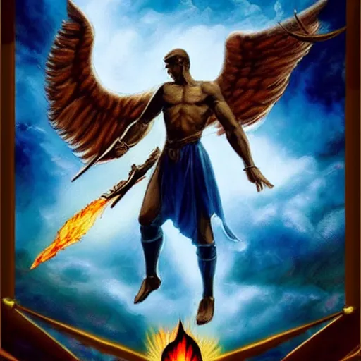 Prompt: biblically accurate angel, epic propaganda poster, holding a flaming sword above his head, strength, health, confidence, in the style of magic the gathering cart art, hypermasculine, ancient soldier, flying in the sky, triumphant pose,