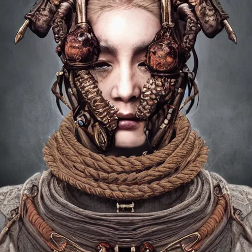 Image similar to portrait of a Shibari rope wrapped face and neck, headshot, insanely nice professional hair style, dramatic hair color, digital painting, of a old 15th century, old cyborg merchant, amber jewels, baroque, ornate clothing, scifi, realistic, hyperdetailed, chiaroscuro, concept art, art by Franz Hals and Jon Foster and Ayami Kojima and Amano and Karol Bak,