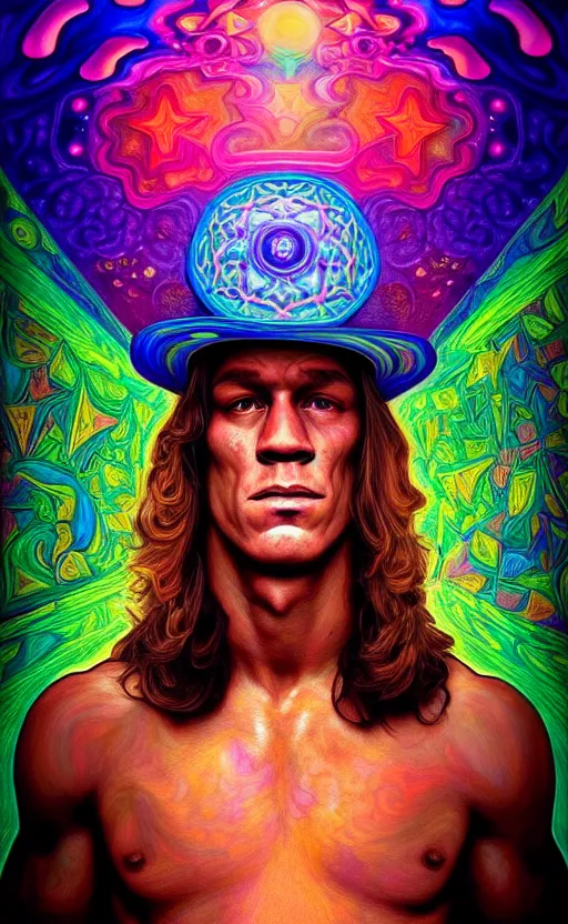 Image similar to An extremely psychedelic celestial John Cena in his black fedora hat, colorful, surreal, dramatic lighting, magic mushrooms, psilocybin, LSD, face, detailed, intricate, elegant, highly detailed, digital painting, artstation, concept art, smooth, sharp focus, illustration, art by Krenz Cushart and Artem Demura and alphonse mucha