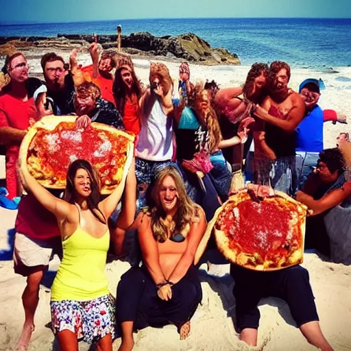 Image similar to “ a giant pile of pizza on the beach. contestants on the tv show survivor next to it excited. 8 k photo ”