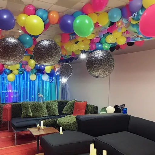 Prompt: photo of the backrooms with balloons and disco ball