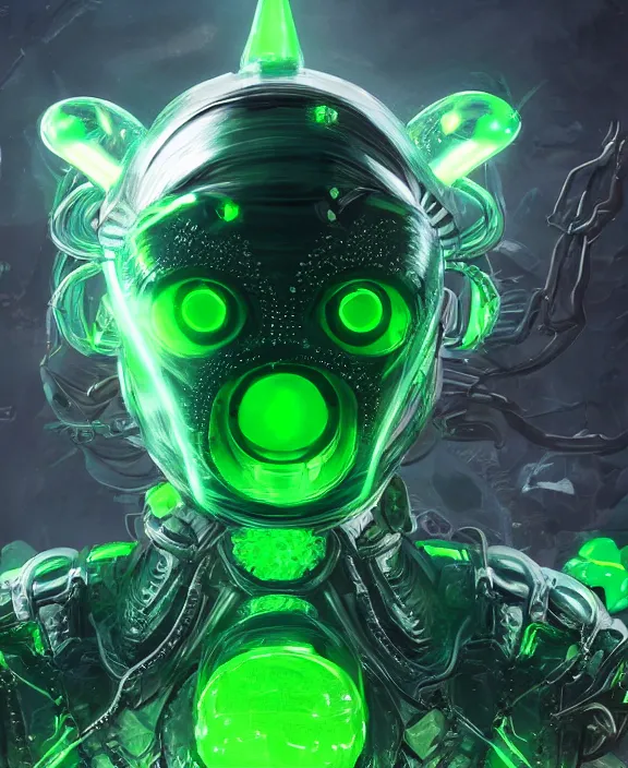 Image similar to a detailed character concept of a menacing armoured alien with glowing green eyes and a crown of jade and topaz crystals by Beeple, 4k resolution, photorealistic