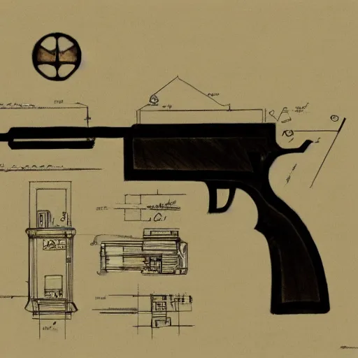 Image similar to plan of a gun that was never invented, pencil sketch, concept art