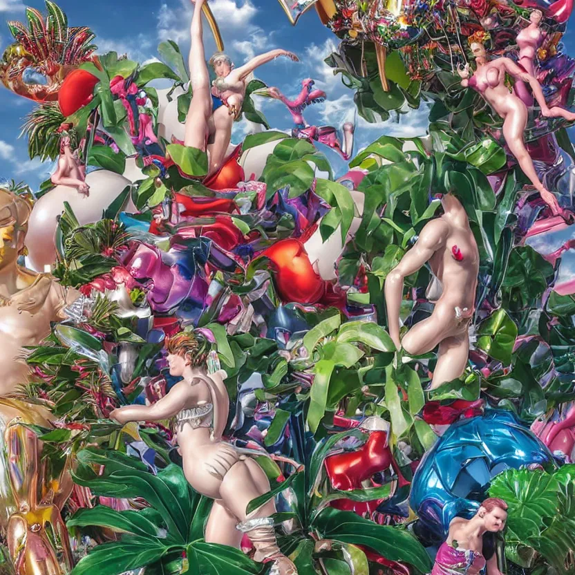 Image similar to an extreme close - up of a statue chrome cyborg lycra nymph battling a giant inflatable flamingo pool float, christmas cactus arnold schwarzenegger and monstera plants, fireworks thick smoke epic clouds, by jeff koons, hajime soryama, boris vallejo, artgerm, greg rutkowski, alphonse mucha