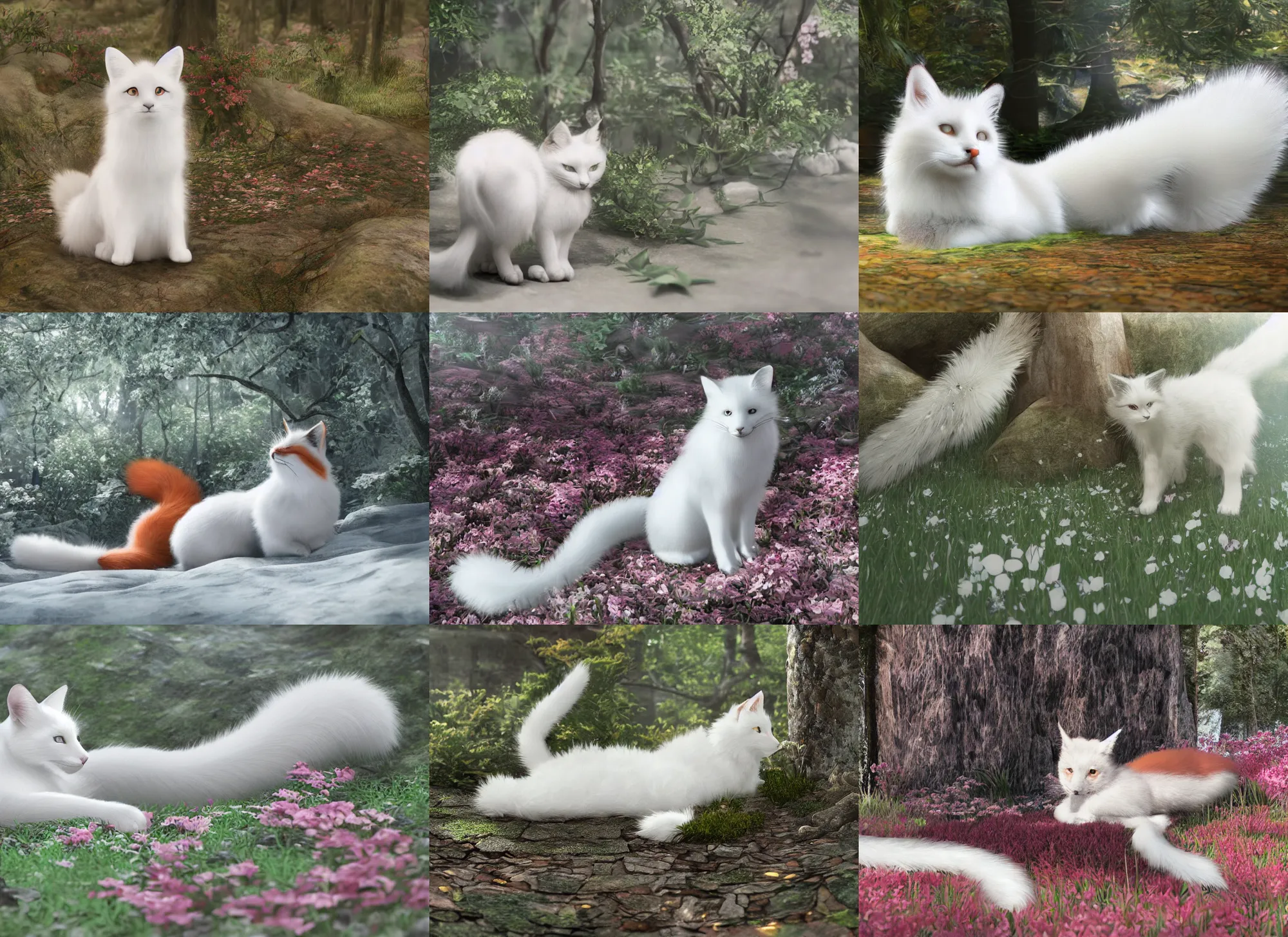 Prompt: white cat with fluffy red tail like fox tail lying at sakura forest, high detailed, hyper realistic, octane engine, ray tracing