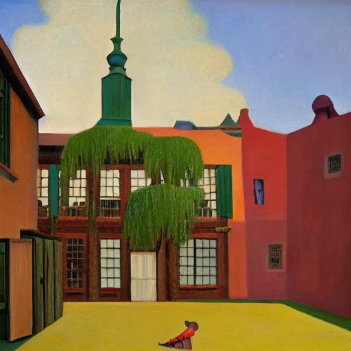 Image similar to fantastical old half - timber courtyard, grant wood, pj crook, edward hopper, oil on canvas