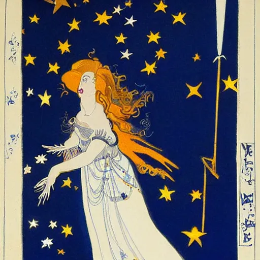 Prompt: The computer art features a woman with wings made of stars, surrounded by a blue and white night sky. The woman is holding a staff in one hand, and a star in the other. She is wearing a billowing white dress, and her hair is blowing in the wind. burnt orange, Aztec by Aubrey Beardsley, by Horace Vernet